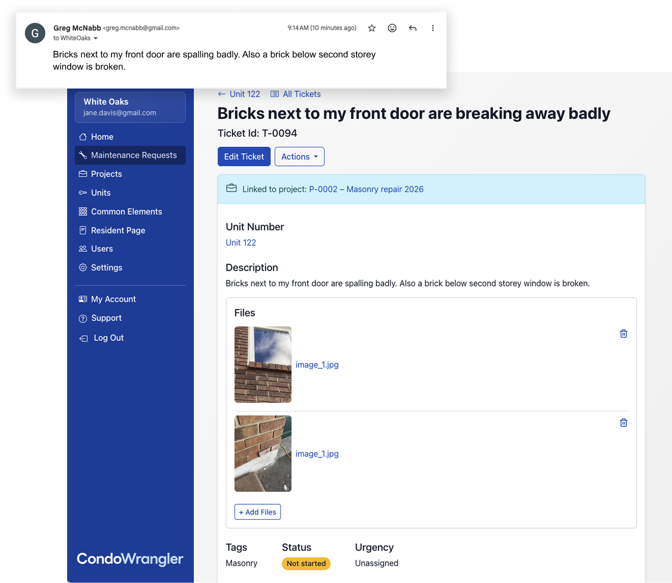 CondoWrangler email-to-issue tracking dashboard