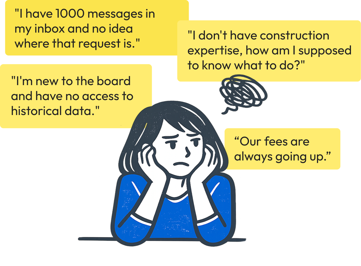 Illustration showing common condo maintenance challenges like inbox clutter and lost requests