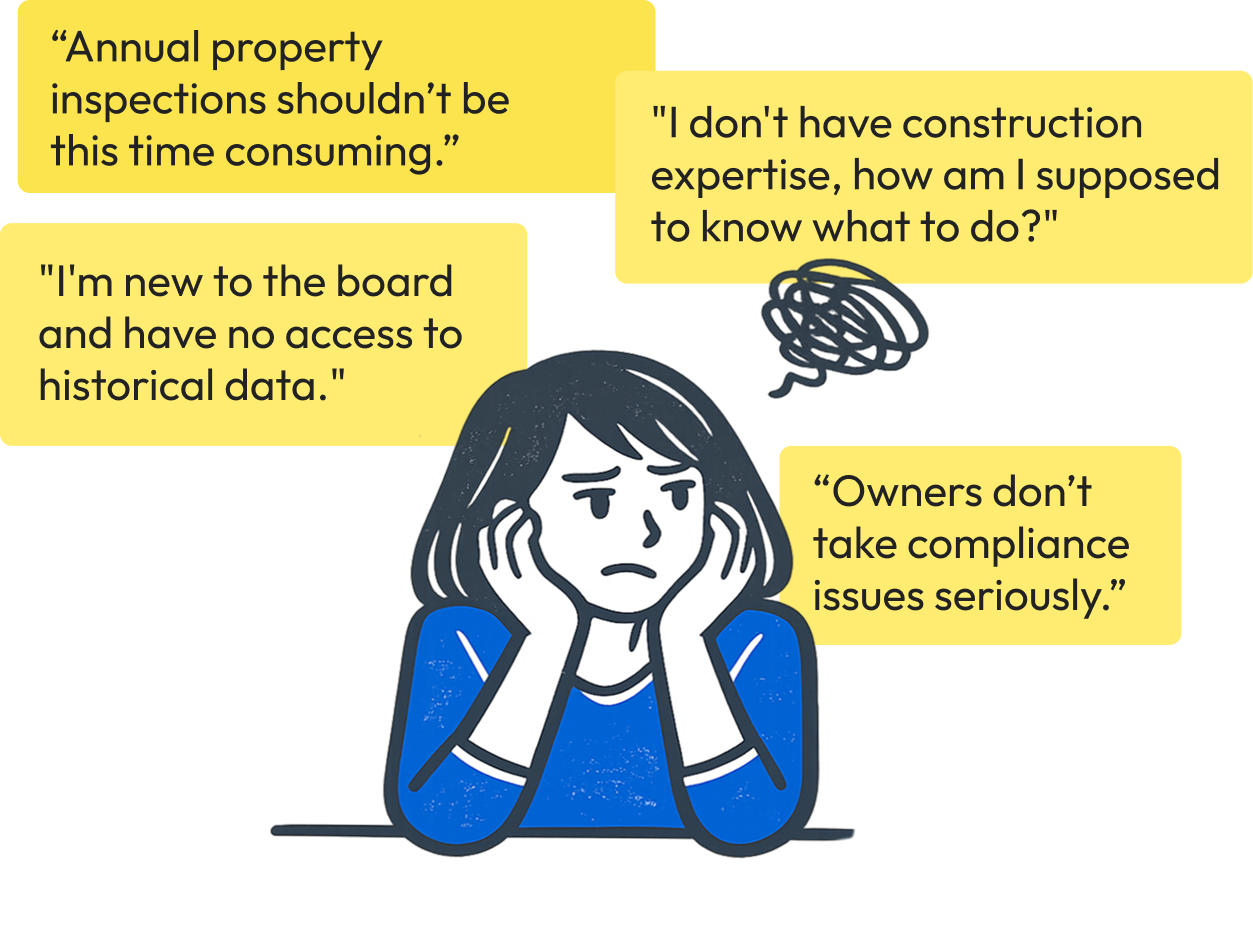 Illustration showing common condo maintenance challenges like inbox clutter and lost requests