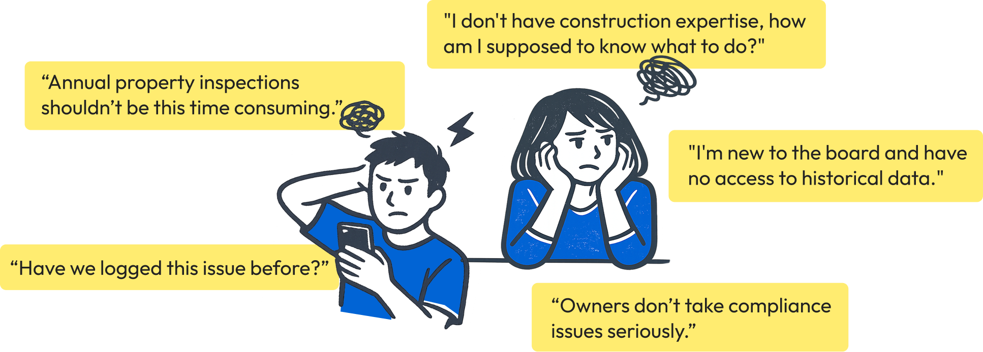 Illustration showing common condo maintenance challenges like inbox clutter and lost requests